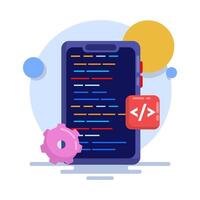 App development concept, mobile UI UX, web design, app design, coding, mobile app. application creation, application testing, UI-UX, and web design. Flat vectors are suitable for many purposes.
