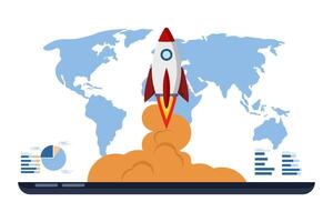 Business startup concept, Flying rocket with global map, computer device on isolated background, launching business project with rocket. giving up a start-up business. digital marketing illustration. vector