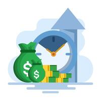 time is money concept, using time as efficiently as possible for productivity and making money, pension fund, clock, long term investment results, flat illustration on background. vector