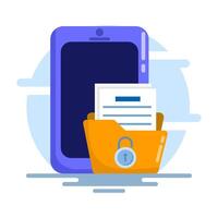 Document security concept on mobile phone. File security is locked. Cyber Security Services to Protect Personal Data. Cloud Shared Documents, Server Security and Data Protection. flat . vector