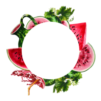 Watermelon. The frame is round with the image of watermelons. Handmade watercolor illustration. For packaging and banners. For textiles and stickers, menus and posters, for flyers, postcard and label. png