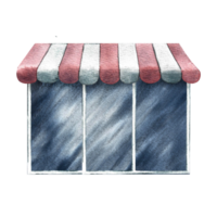 The facade of a cafe or shop with a large transparent window and a canopy. An empty glass showcase of a boutique. A watercolor illustration made by hand. Highlight it. A design element for home. png