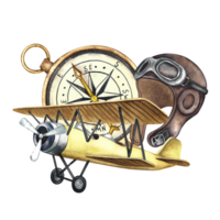 Vintage retro airplane, old pilot's helmet and compass. The illustration is made by hand in watercolor. The composition is in the style of retro flight. For stickers and prints. For labels, postcards. png