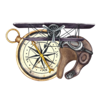 Vintage retro airplane, old pilot's helmet and compass. The illustration is made by hand in watercolor. The composition is in the style of retro flight. For stickers and prints. For labels, postcards. png