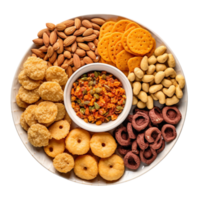 A plate with all kinds of spicy and soft Indian snacks on a white bowl top view isolated on a transparent background png