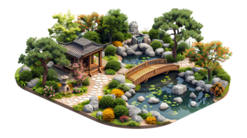 isometric style an asian garden with a bridge and water feature png
