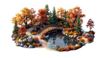 isometric style, an autumn scene with a bridge and trees png