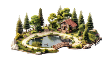 isometric style a small house surrounded by trees and a pond png