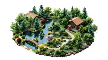 isometric style a small house surrounded by trees and bushes png