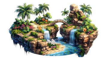 isometric style, an island with a waterfall and palm trees png