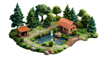 isometric style, an illustration of a house in the forest with a bridge and trees png