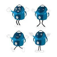 A set of cartoon backpack mascots with different expressions and poses. Perfect for educational materials, promotional graphics, and childrens content. vector