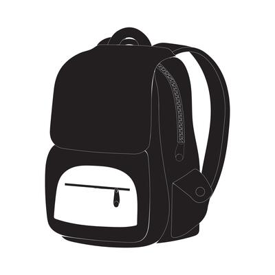 A black backpack silhouette with a front pocket and side pockets. Ideal for use in promotional materials, advertisements, and product