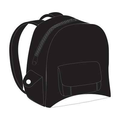 A black backpack silhouette with a front pocket and side pockets. Ideal for use in promotional materials, advertisements, and product
