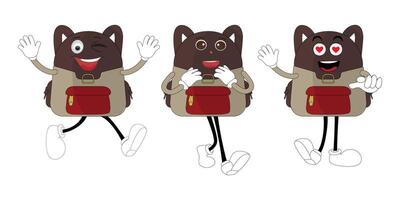 A set of cartoon backpack mascots with different expressions and poses. Perfect for educational materials, promotional graphics, and childrens content. vector