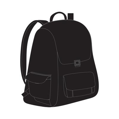 A black backpack silhouette with a front pocket and side pockets. Ideal for use in promotional materials, advertisements, and product