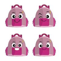 A set of cartoon backpack mascots with different expressions and poses. Perfect for educational materials, promotional graphics, and childrens content. vector
