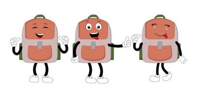 A set of cartoon backpack mascots with different expressions and poses. Perfect for educational materials, promotional graphics, and childrens content. vector