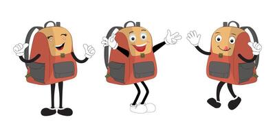 A set of cartoon backpack mascots with different expressions and poses. Perfect for educational materials, promotional graphics, and childrens content. vector