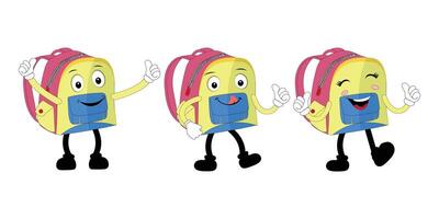 A set of cartoon backpack mascots with different expressions and poses. Perfect for educational materials, promotional graphics, and childrens content. vector