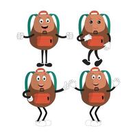 A set of cartoon backpack mascots with different expressions and poses. Perfect for educational materials, promotional graphics, and childrens content. vector
