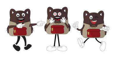 A set of cartoon backpack mascots with different expressions and poses. Perfect for educational materials, promotional graphics, and childrens content. vector