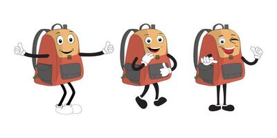 A set of cartoon backpack mascots with different expressions and poses. Perfect for educational materials, promotional graphics, and childrens content. vector