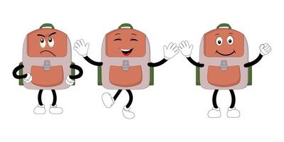 A set of cartoon backpack mascots with different expressions and poses. Perfect for educational materials, promotional graphics, and childrens content. vector
