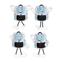 A set of cartoon backpack mascots with different expressions and poses. Perfect for educational materials, promotional graphics, and childrens content. vector