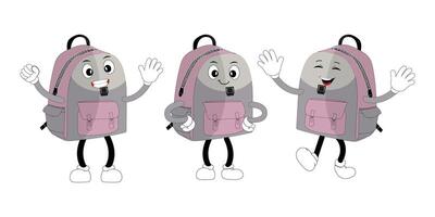 A set of cartoon backpack mascots with different expressions and poses. Perfect for educational materials, promotional graphics, and childrens content. vector