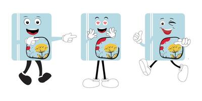 Cute cartoon book set character with different emotions and in action. Collection of cartoon,retro, groovy characters. Flat icons set isolated on white background. vector