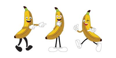 Groovy banana. Set funny cartoon trendy retro style fruit character. Ripe banana and banana peel in flat style. Doodle comic illustration dancing banana. vector