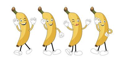 Groovy banana. Set funny cartoon trendy retro style fruit character. Ripe banana and banana peel in flat style. Doodle comic illustration dancing banana. vector