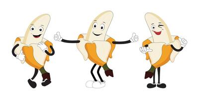 Groovy banana. Set funny cartoon trendy retro style fruit character. Ripe banana and banana peel in flat style. Doodle comic illustration dancing banana. vector