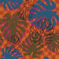 Colorful tropical grunge monstera leaf on checkered background seamless pattern vector