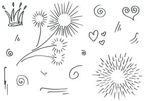 hand drawn set element,black on white background.heart,light,king,emphasis,swirl,for concept design. vector