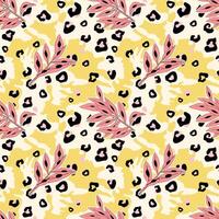 Colorful leaves on abstract bold background with animal leopard skin texture seamless pattern vector