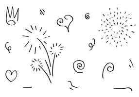 hand drawn set element,black on white background.heart,light,king,emphasis,swirl,for concept design. vector