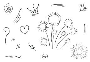 hand drawn set element,black on white background.heart,light,king,emphasis,swirl,for concept design. vector
