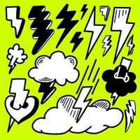 set of hand drawn electric lightning bolt symbol sketch illustrations. thunder symbol doodle icon. vector