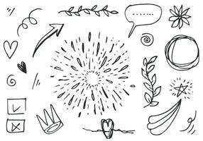 hand drawn set element,black on white background.heart,light,king,emphasis,swirl,for concept design. vector