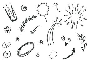 hand drawn set element,black on white background.heart,light,king,emphasis,swirl,for concept design. vector