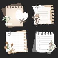 Notes and old torn out notebook pages with flowers glued tape vintage collection.Old scrapbooking paper pieces. vector