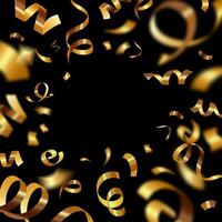 Golden realistic confetti frame with space for text for decoration of various festive designs. Glitter background 3d illustration. Streamers and confetti flying close-up on black background vector