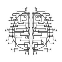 Artificial intelligence brain with chips and circuits linear drawing. Circuit board in the shape of an electronic brain with a convolution icon, print, logo, emblem sign design. illustration vector