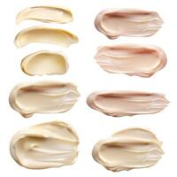 Realistic cream texture smears beige nude colors set. Realistic 3D texture cosmetic spot. Cream drops for skincare product, smear texture, isolated elements different shapes and sizes vector