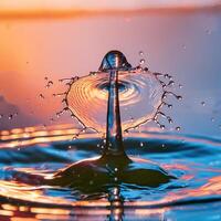 Close-up shot of mesmerizing colliding droplets creating a beautiful visual impact. The collision creates a stunning and dynamic array of vibrant colors and shapes photo
