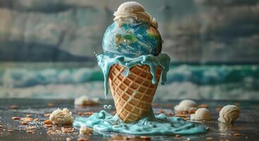 An ice cream cone in the shape of a globe flowing down to the ground. Global warming and environmental impact photo
