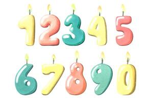 Volumetric candles for cake and decorations in the form of numbers with fire. Watercolor illustration. Isolated objects from a large set are HAPPY BIRTHDAY. For the design of holiday cards, posters vector