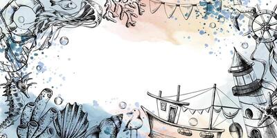 Lighthouse, boat and sea animals with paint spots and splashes. Illustration of graphic line art in black and white, hand drawn.. Frame for registration and design of cards, posters, invitations. vector